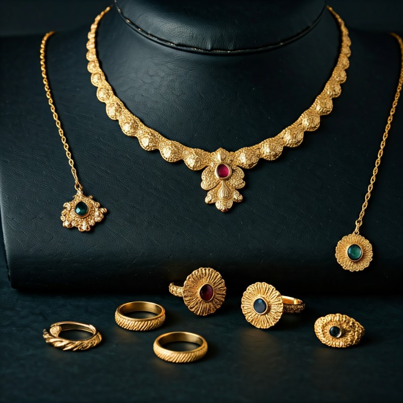 Elegant gold jewellery collection featuring necklaces, rings, and earrings from Dream Ticket.