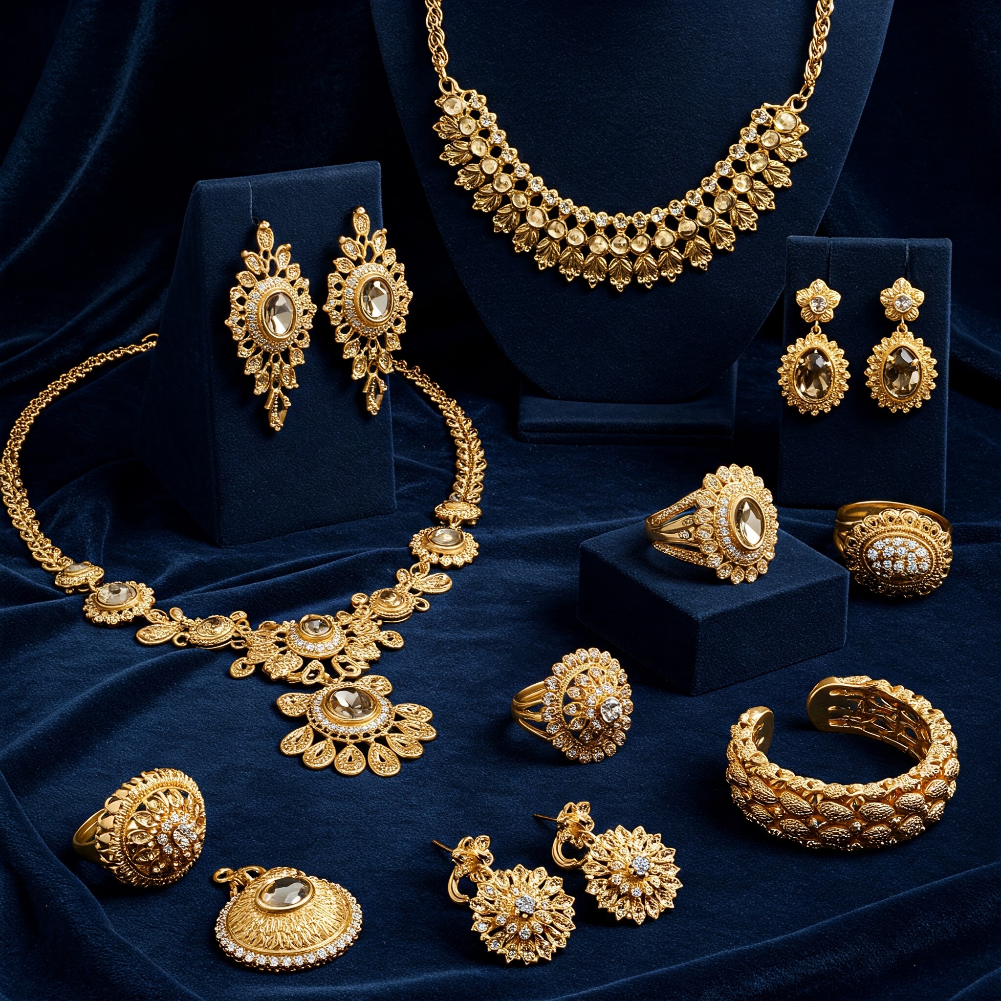 Elegant gold jewellery on a velvet backdrop, showcasing timeless designs.