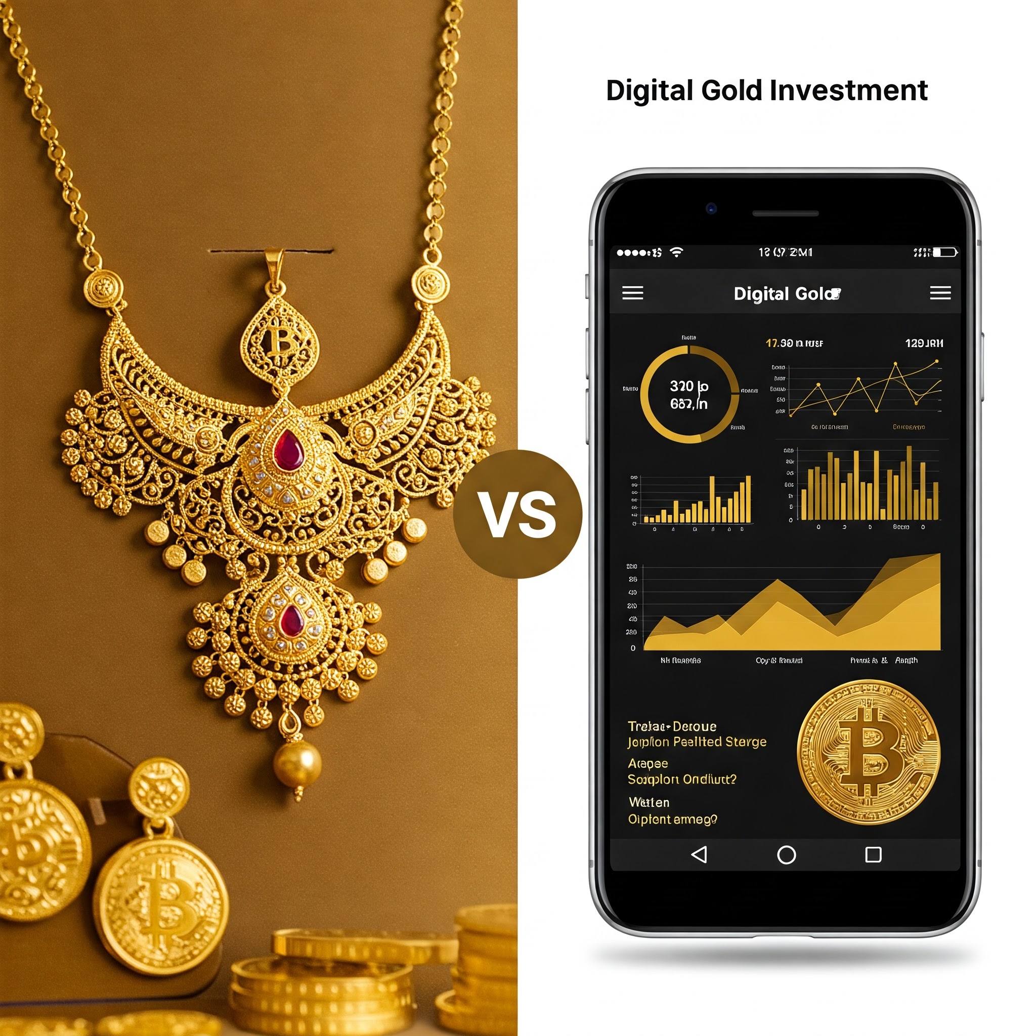 Physical gold jewellery vs. digital gold investment comparison.