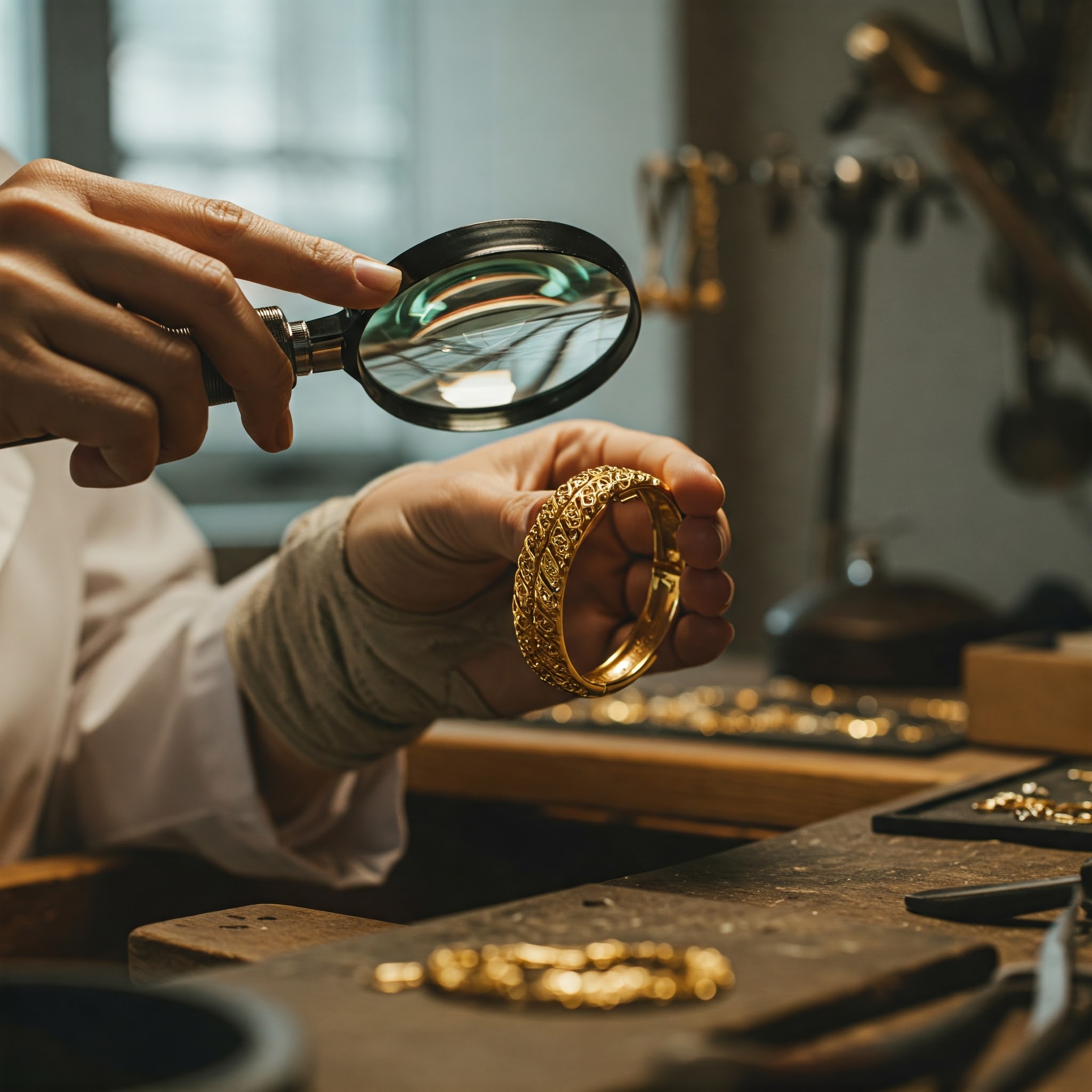 Election officials verifying gold jewellery transactions.