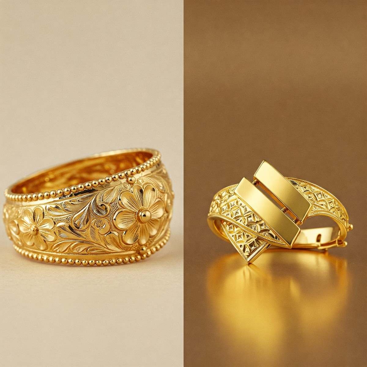 Side-by-side comparison of traditional and modern gold jewellery.