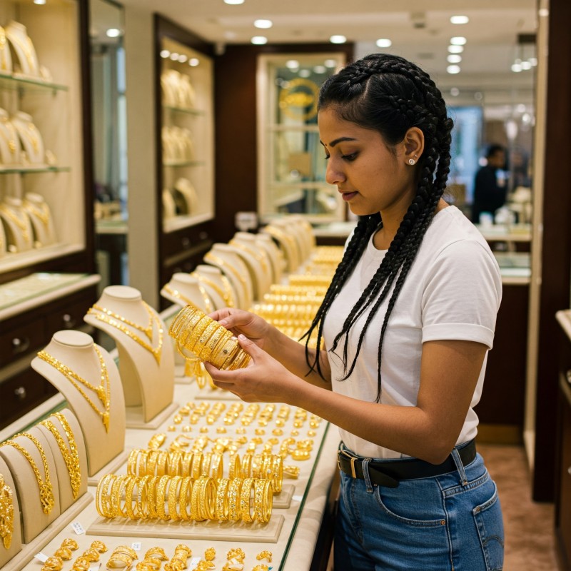 Customer exploring gold jewellery collections at a jewellery shop in India.