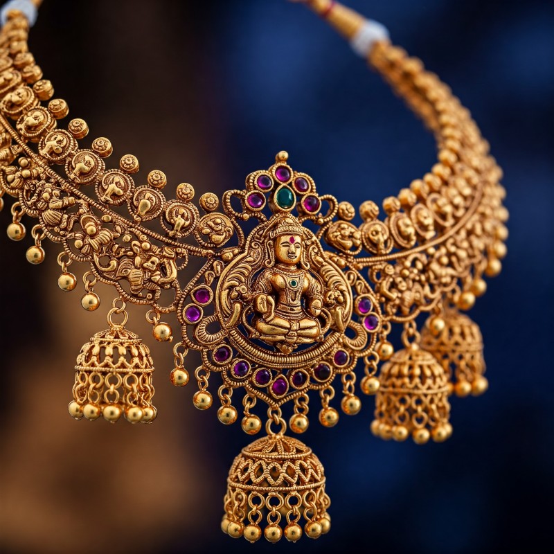 Intricate South Indian temple jewellery with divine motifs.