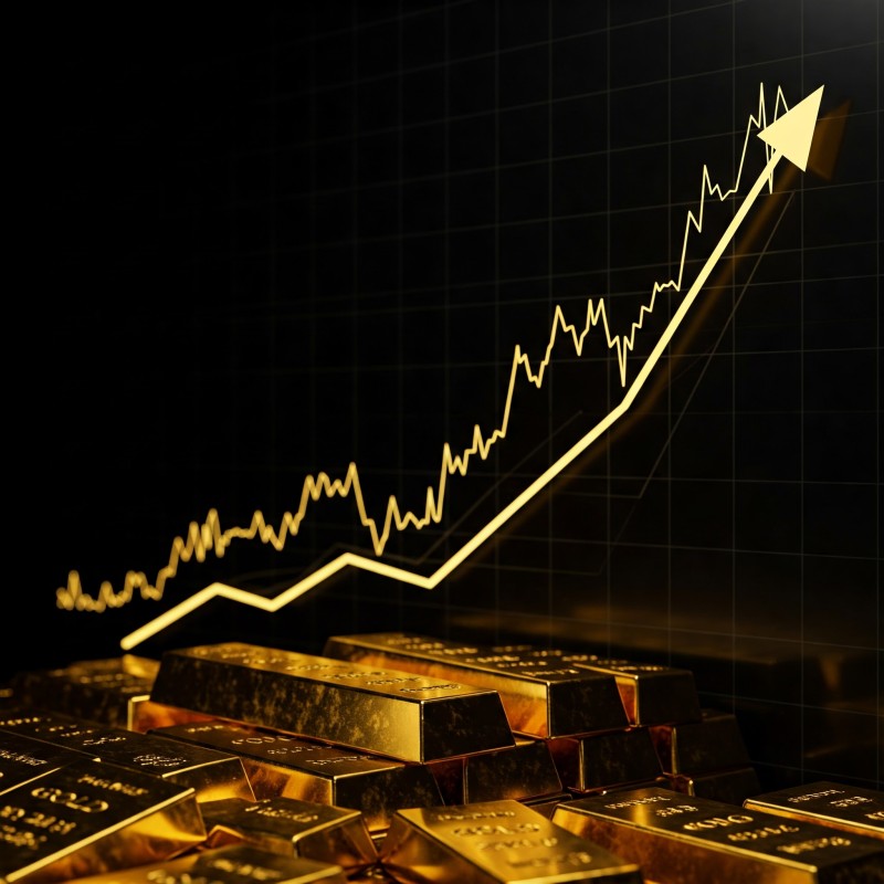 Gold price increasing over time with a rising graph.