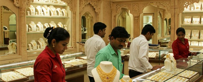 Gold and diamond jewellery collections displayed in an Indian jewellery shop