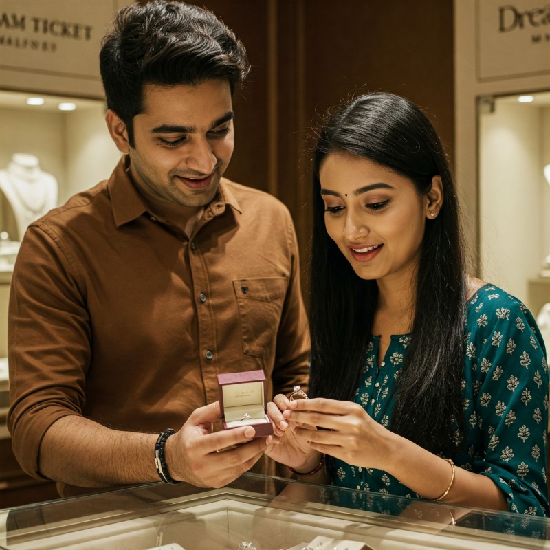 Couple choosing an engagement ring at Dream Ticket.