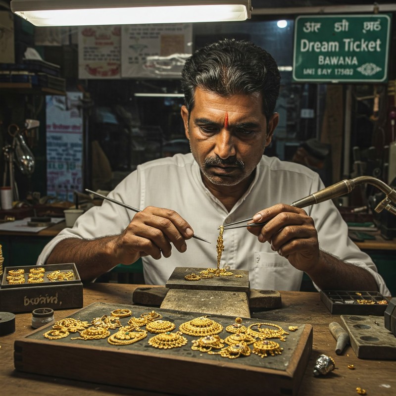 A skilled artisan crafting intricate gold jewelry at Dream Ticket, Bawana.