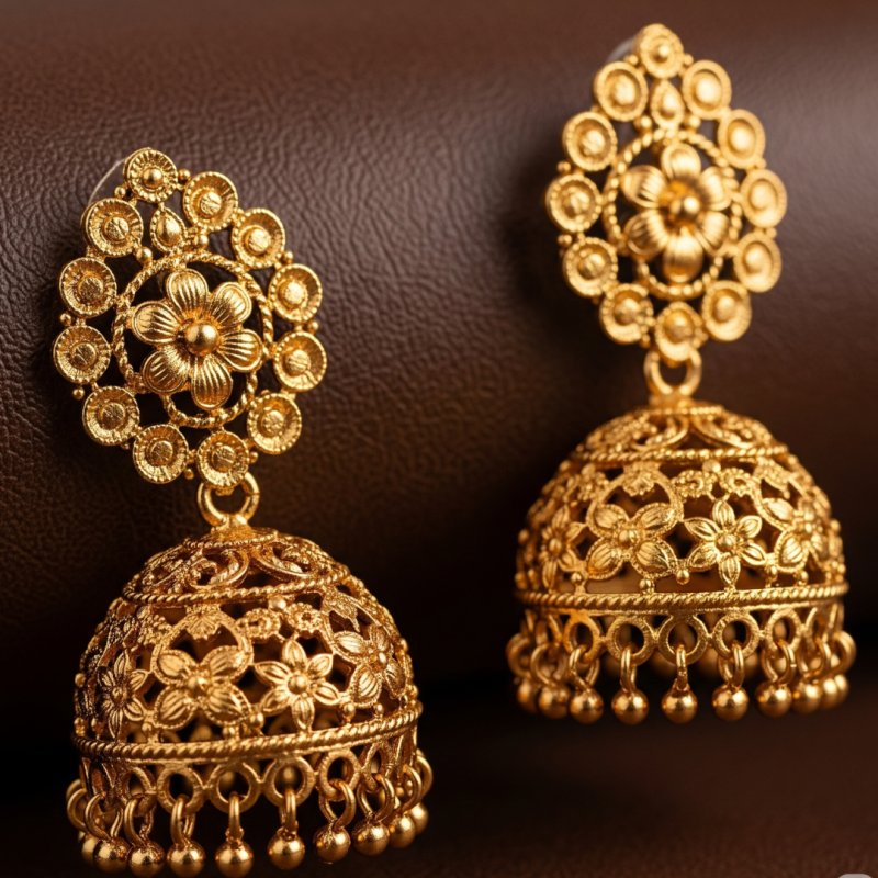 Ethnic Indian gold jhumka earrings with floral motifs