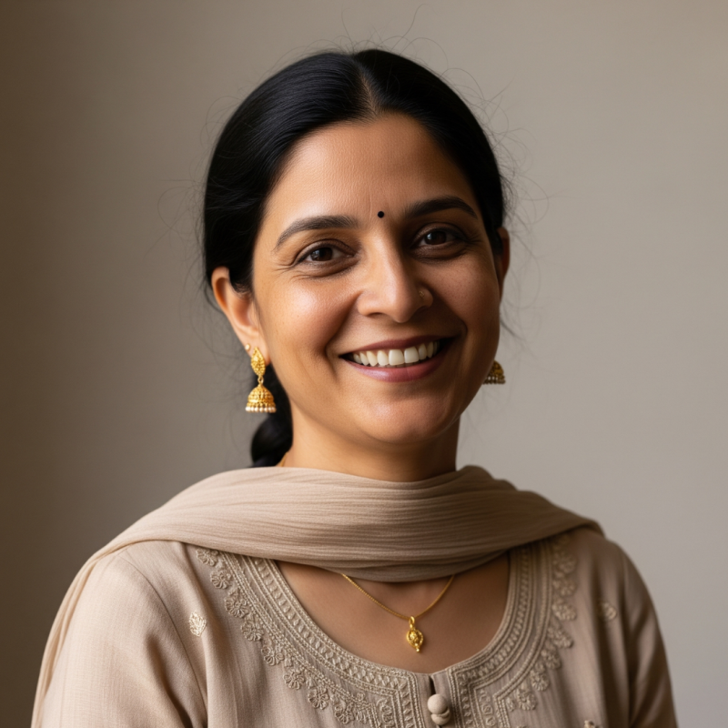 Middle-class Indian woman wearing lightweight gold earrings and pendant jewellery. Gold jewellery for middle-class families