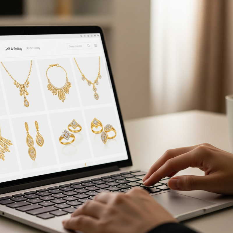 Person shopping for gold jewellery online on a laptop.