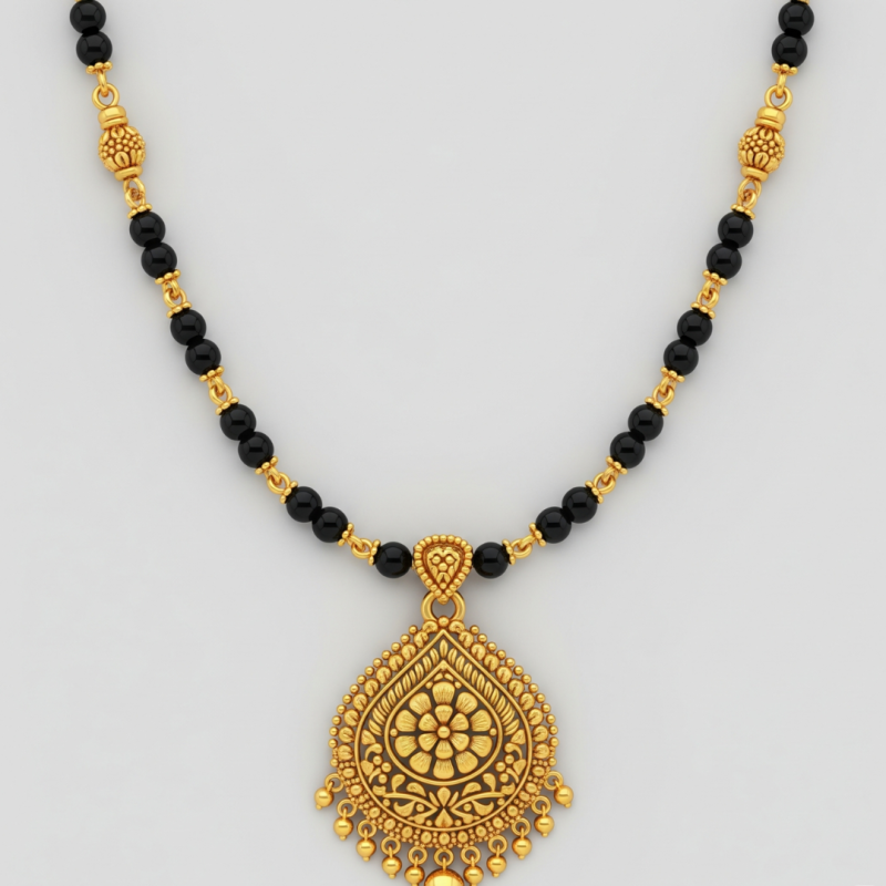 Traditional gold mangalsutra jewellery design with black beads Top 10 Timeless Gold Jewellery Designs Every Indian Woman Should Own 