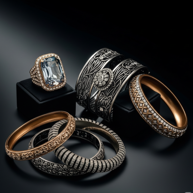 Designer fashion jewellery including bold cocktail ring and bangles from Bawana jewellery shop