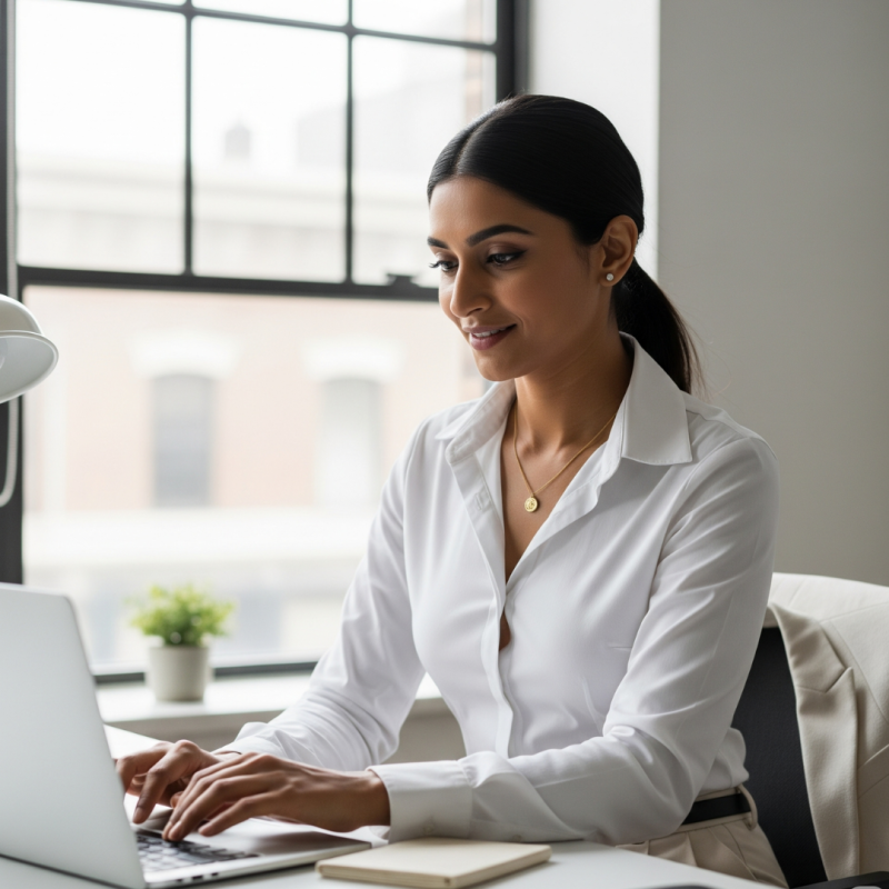 Indian woman wearing gold pendant jewellery in office attire while working at a desk.