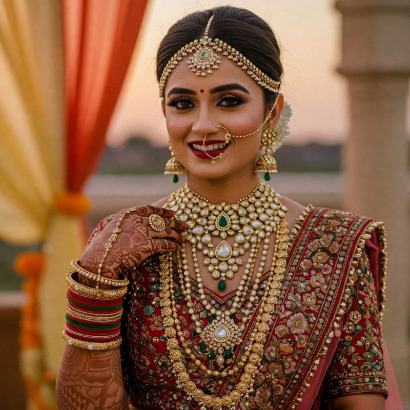 This Year’s Most Viral Jewellery Trends in India Bride wearing layered gold and diamond jewellery