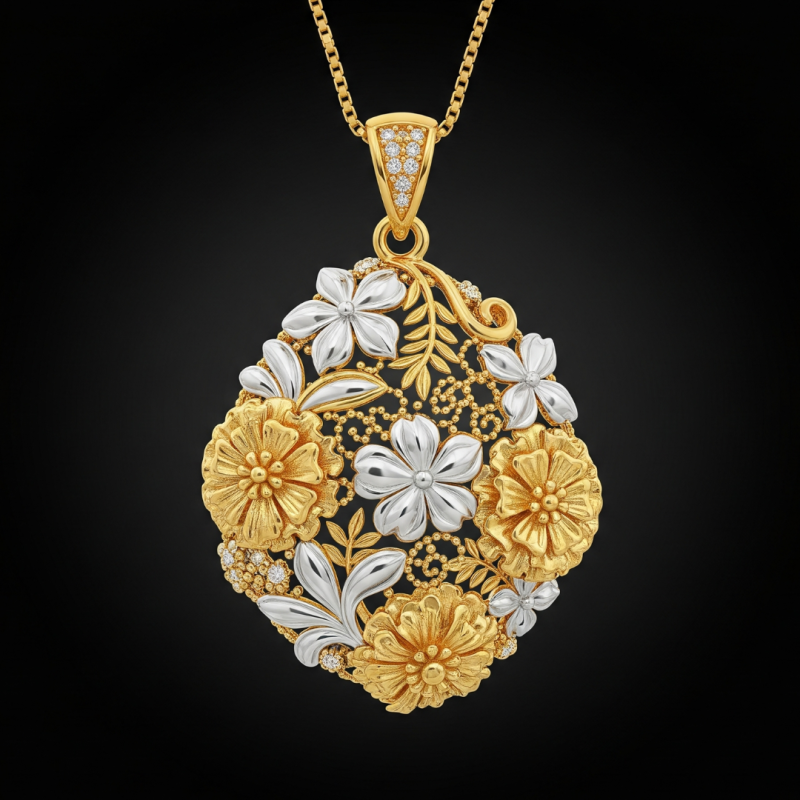 Nature-Inspired gold pendant jewellery with floral motifs, trending in Bawana