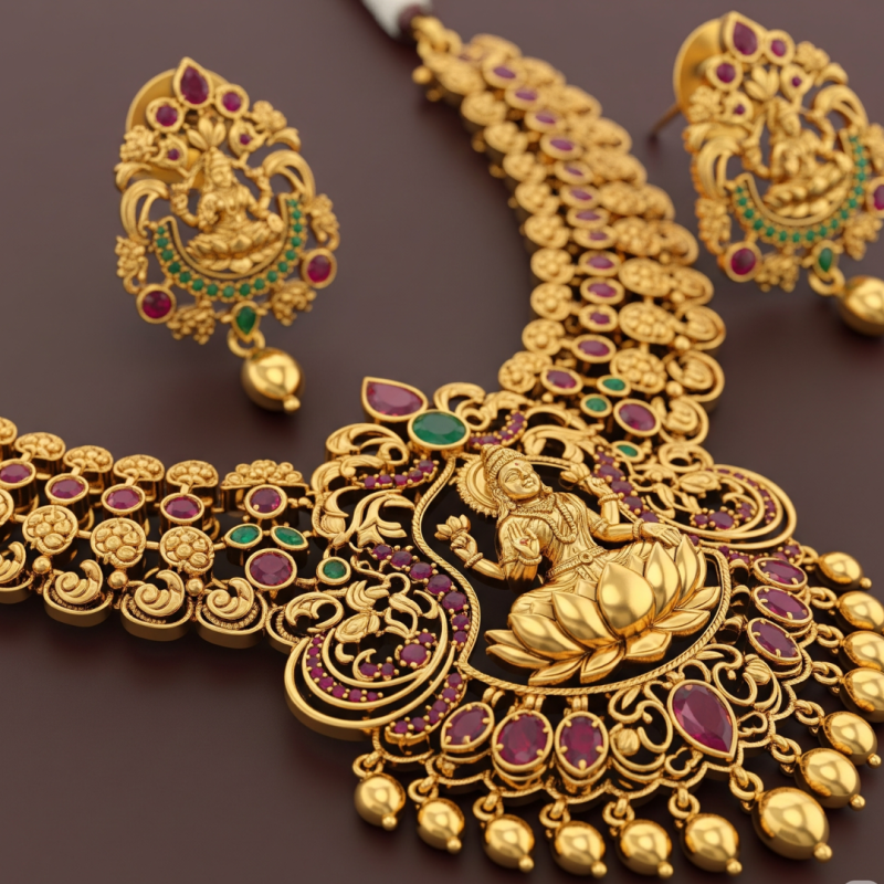South Indian temple jewellery with goddess Lakshmi design