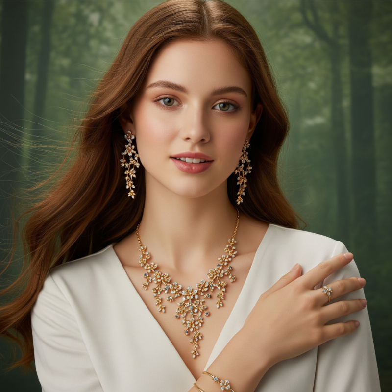 Young woman wearing Nature-Inspired gold jewellery design with floral details. From Dadi’s Locker to Today’s Closet