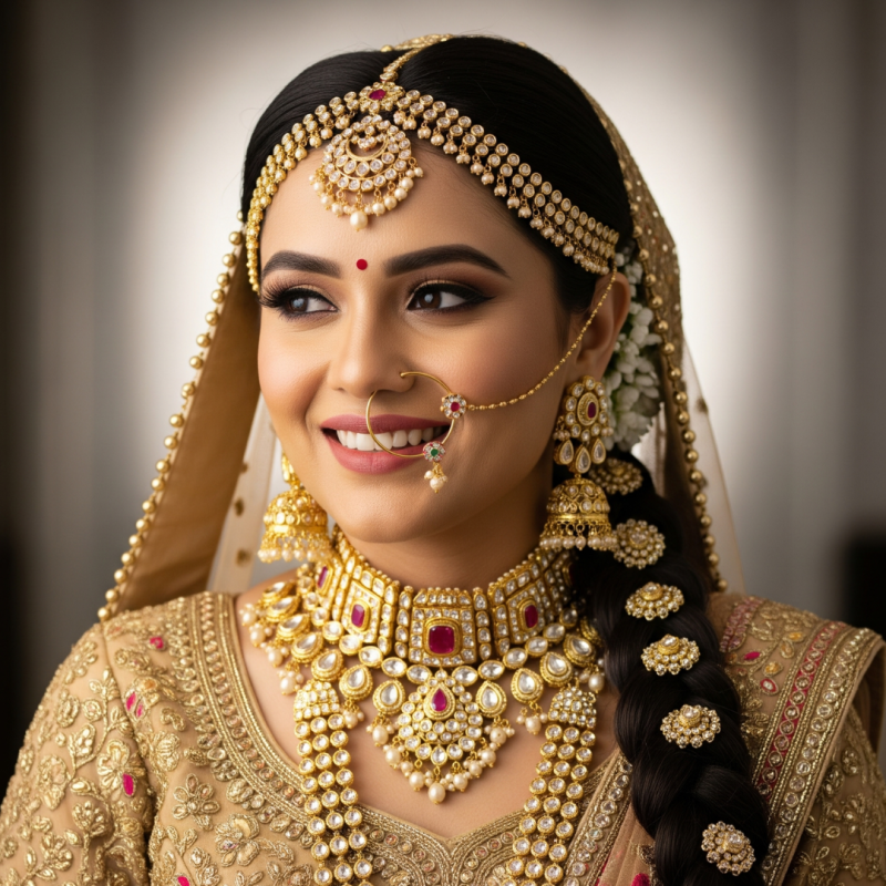 Indian bride adorned in traditional gold jewellery design with precious gemstones.