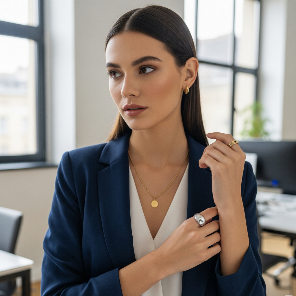 woman wearing mixed gold and silver jewellery to office
