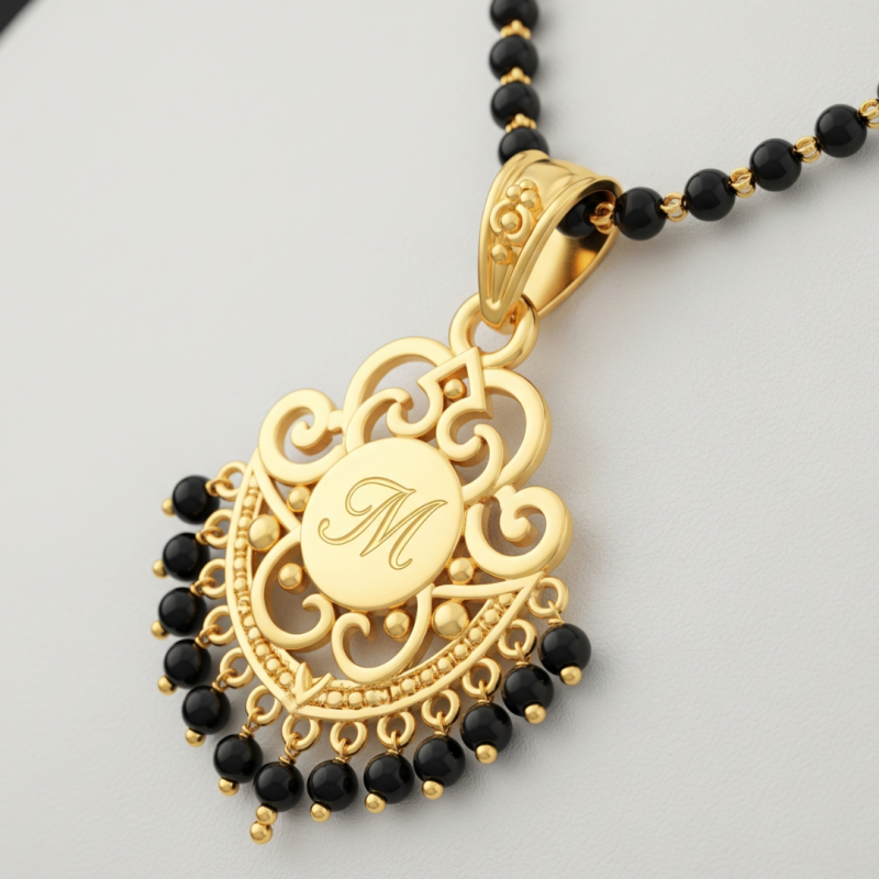 Personalized pendant jewellery mangalsutra in gold with initials.