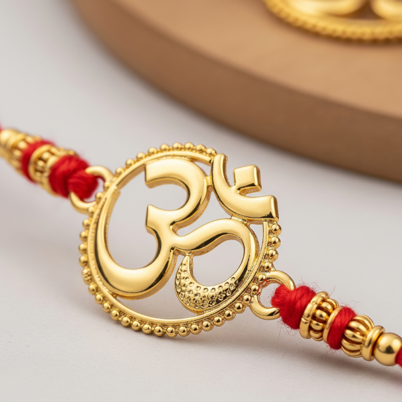 Traditional gold rakhi featuring Om symbol with red thread 