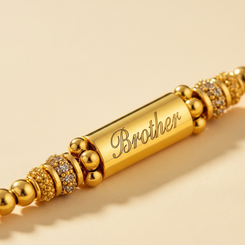 Custom gold rakhi engraved with brother’s name and gold beads