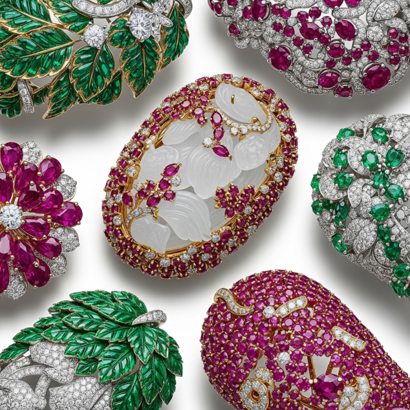 Jewellery pieces with rubies, diamonds, and nature-inspired designs