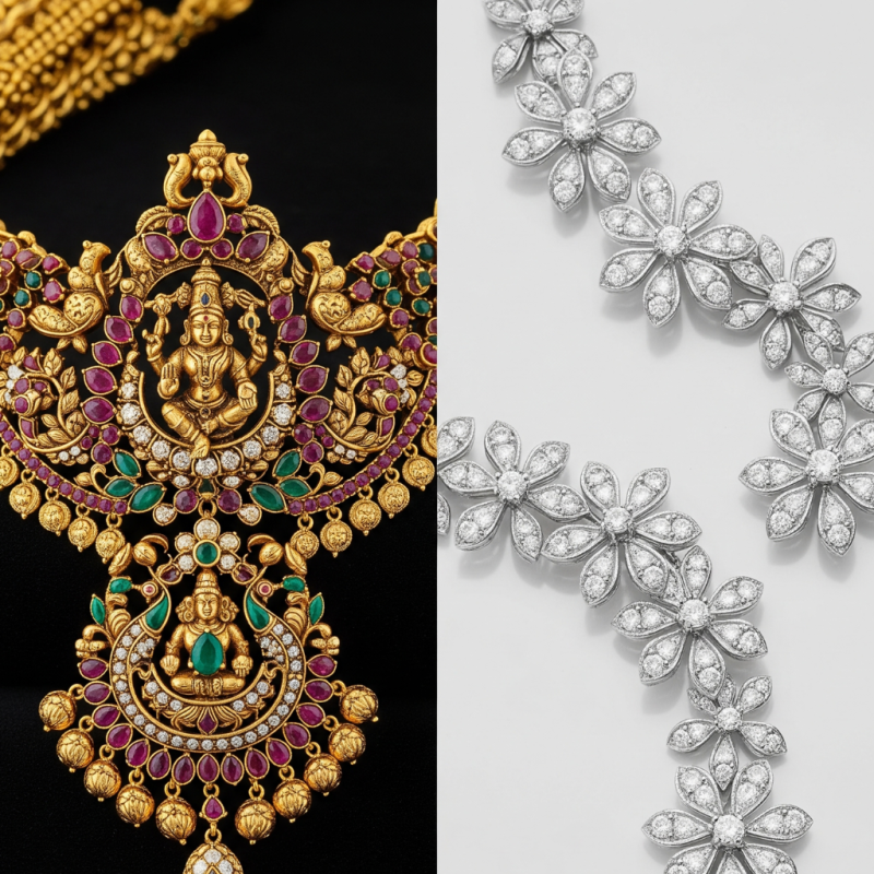 Comparison of temple jewellery and designer jewellery styles