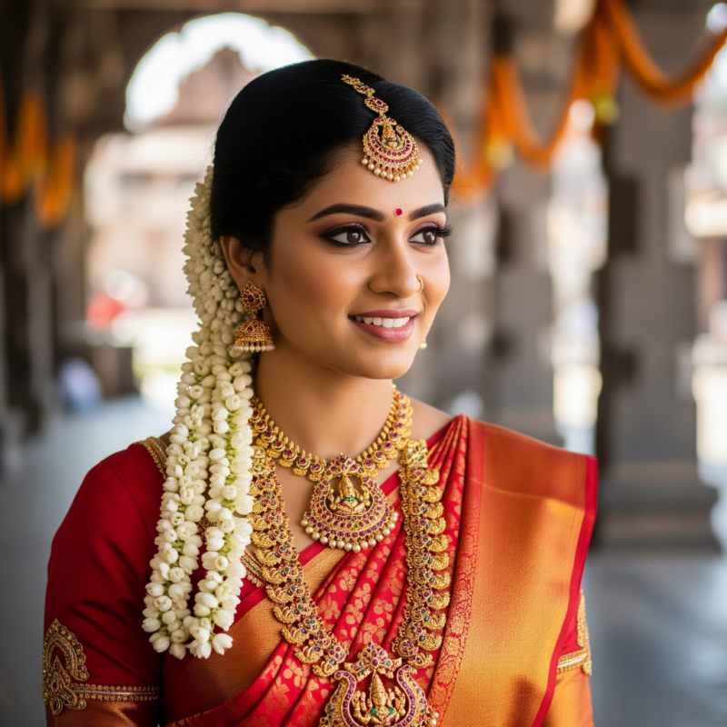 South Indian bride wearing temple jewellery with gold and precious stones Temple Jewellery vs Designer Jewellery