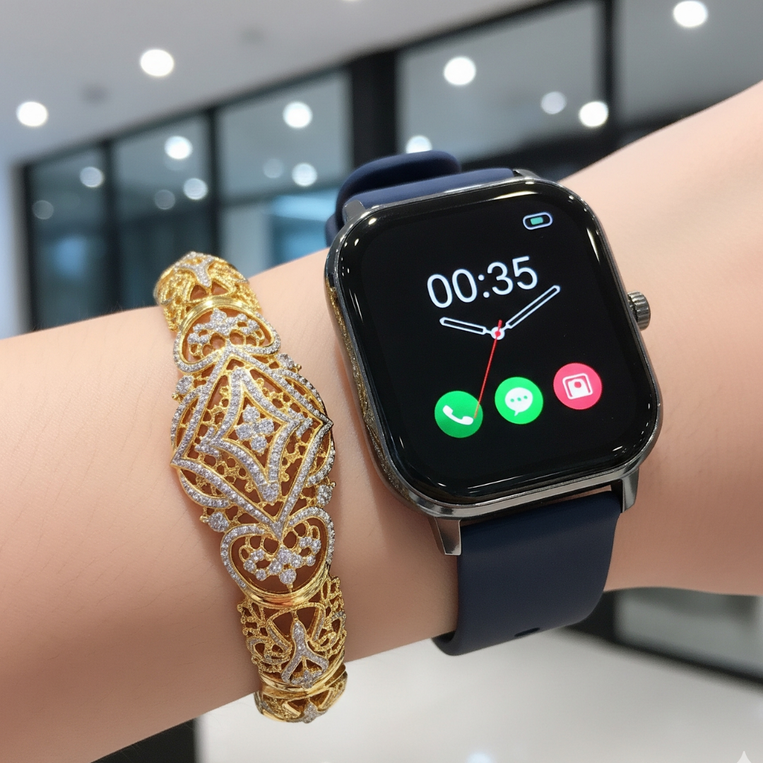 gold bracelet with smartwatch on man’s wrist